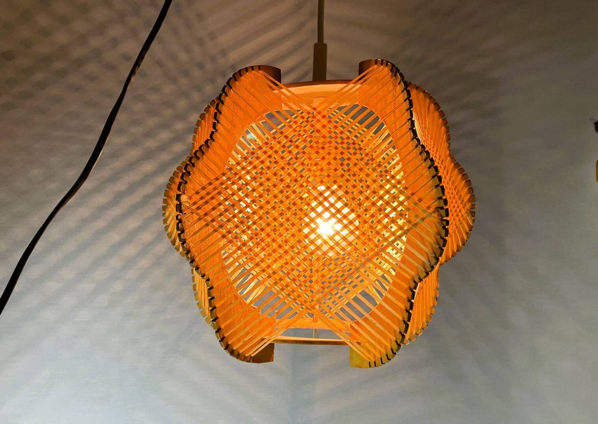 Portuguese mid century wood and straw wooden pendant lamp, 1960s