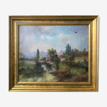 Painting HST "Landscape with the animated river" signed P. Belmont (to be restored) XIX°
