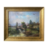 Painting HST "Landscape with the animated river" signed P. Belmont (to be restored) XIX°