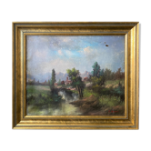 Painting HST "Landscape with the animated river" signed P. Belmont (to be restored) XIX°