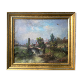 Tableau HST "Paysage à la rivière animé" signé P. Belmont (à restaurer) XIX°