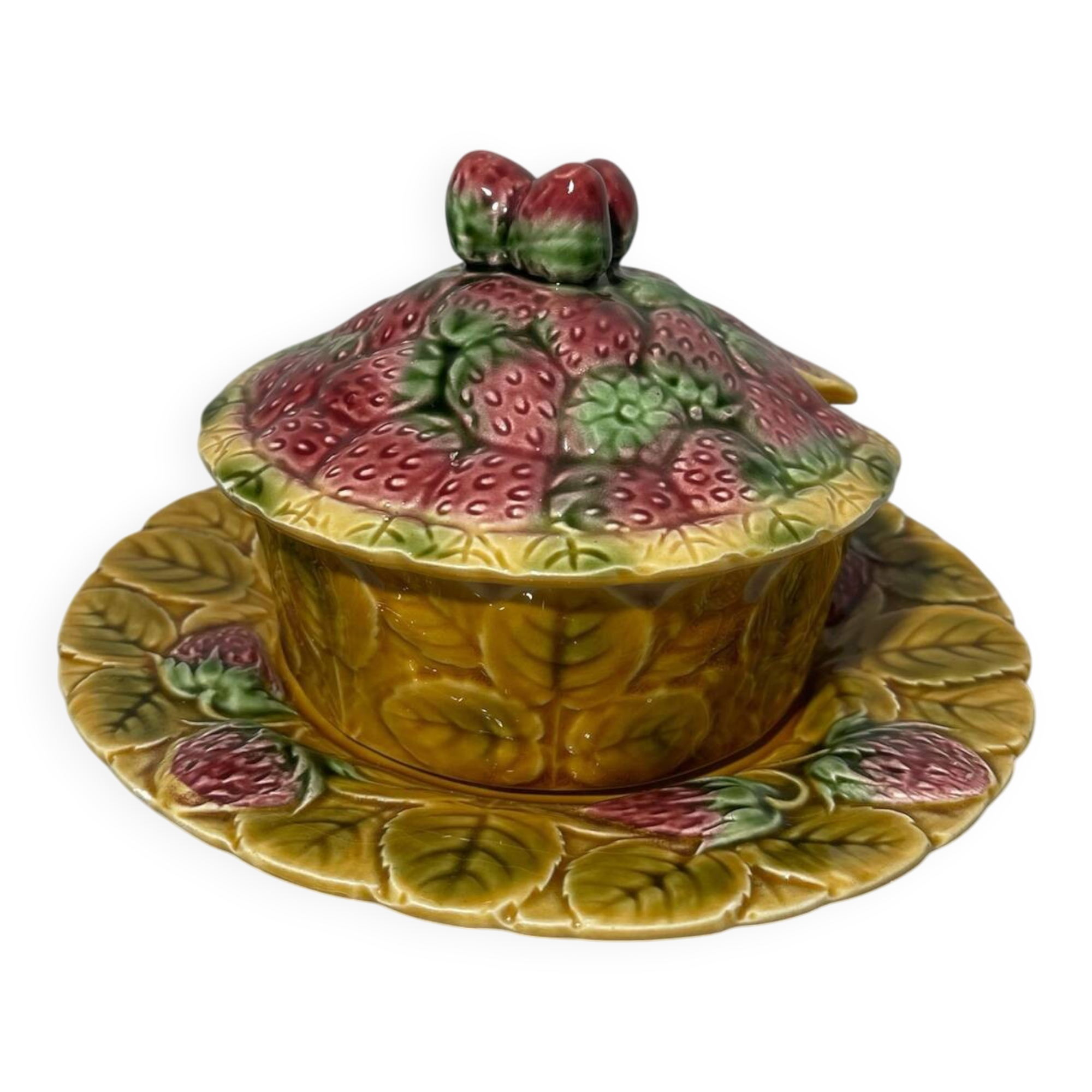 Confiturier vintage Sarreguemines en barbotine – Décor fraises – Ensem