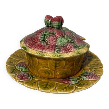 Confiturier vintage Sarreguemines en barbotine – Décor fraises – Ensem