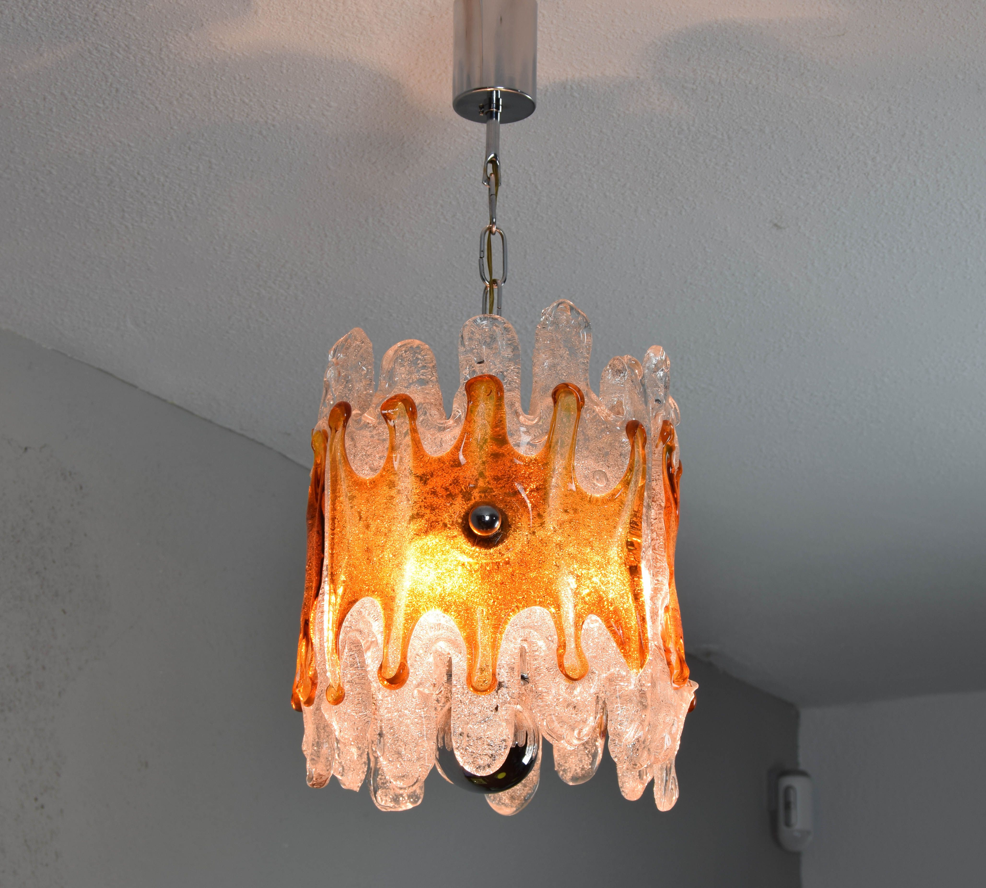 Murano Chandelier Amber and Clear Lava Mazzega Italian Mid Century 60s