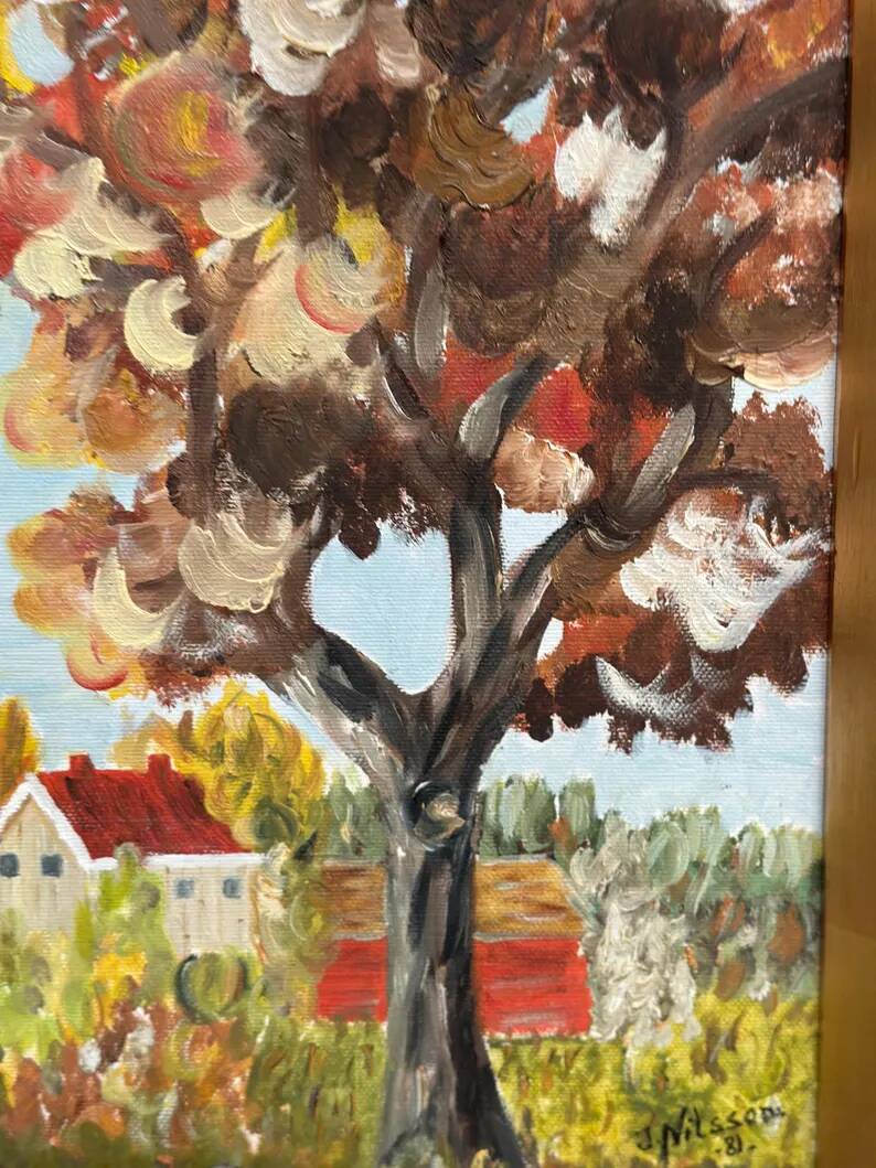 Original Swedish Oil on Canvas - "Autumn Tree" by J. Nilsson - Vintage and Framed - 49 × 38 cm