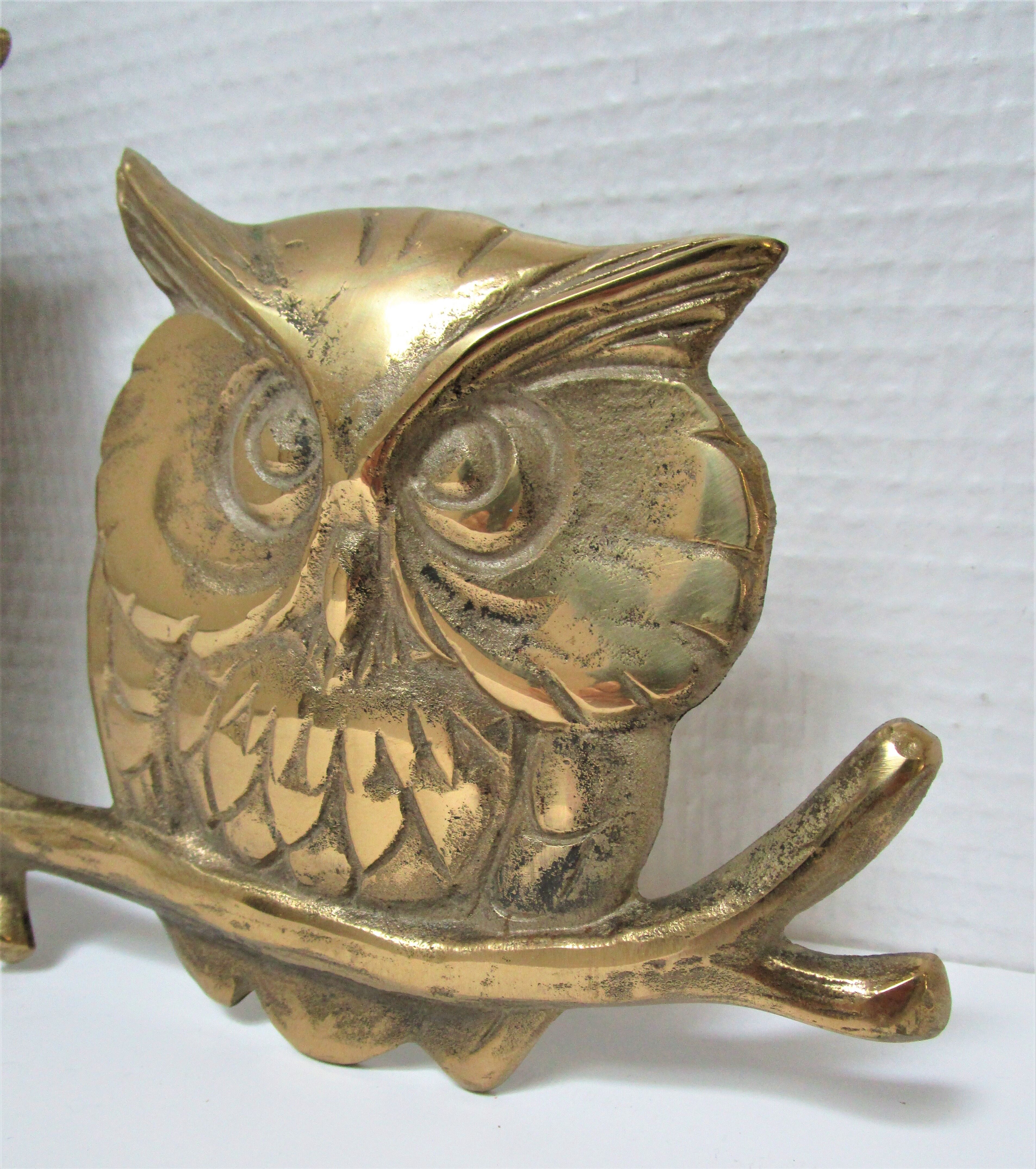 Three owls on a massive brass branch vintage wall decoration
