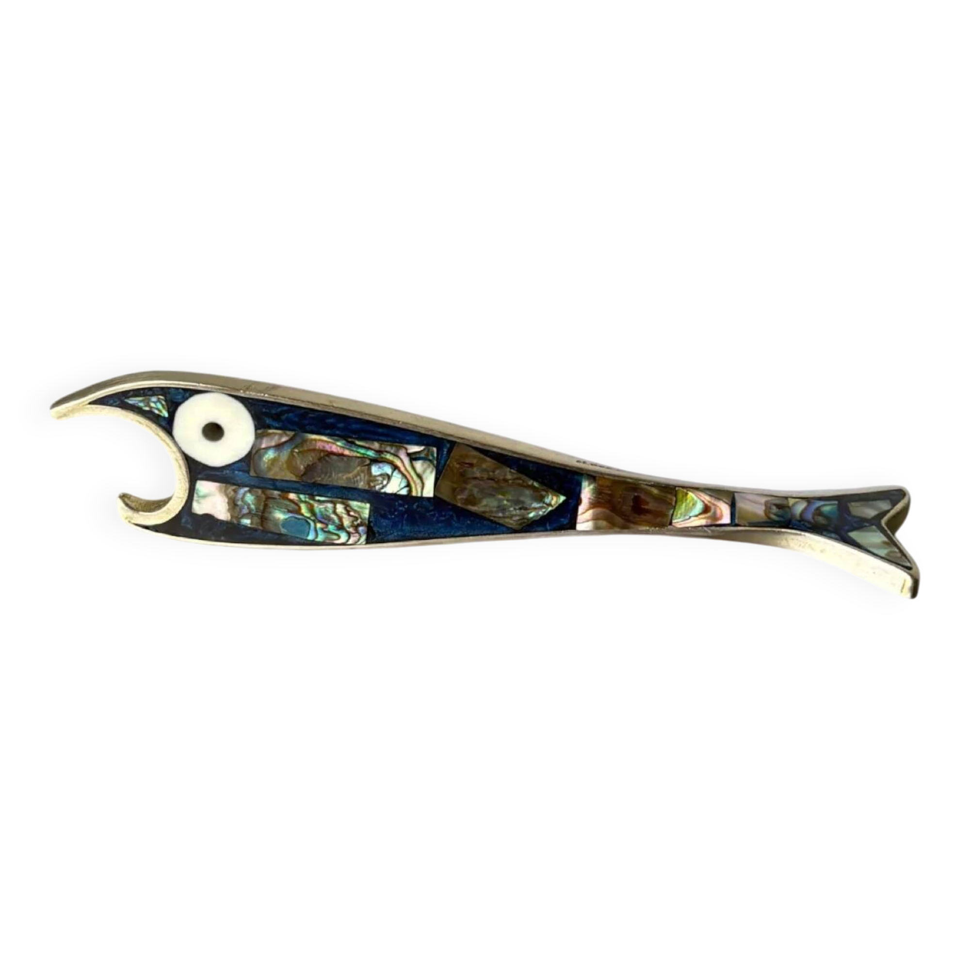 Fish bottle opener, abalone shell & alpaca, Mexico, 1980s