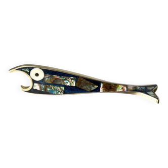 Fish bottle opener, abalone shell & alpaca, Mexico, 1980s