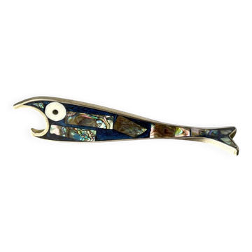 Fish bottle opener, abalone shell & alpaca, Mexico, 1980s