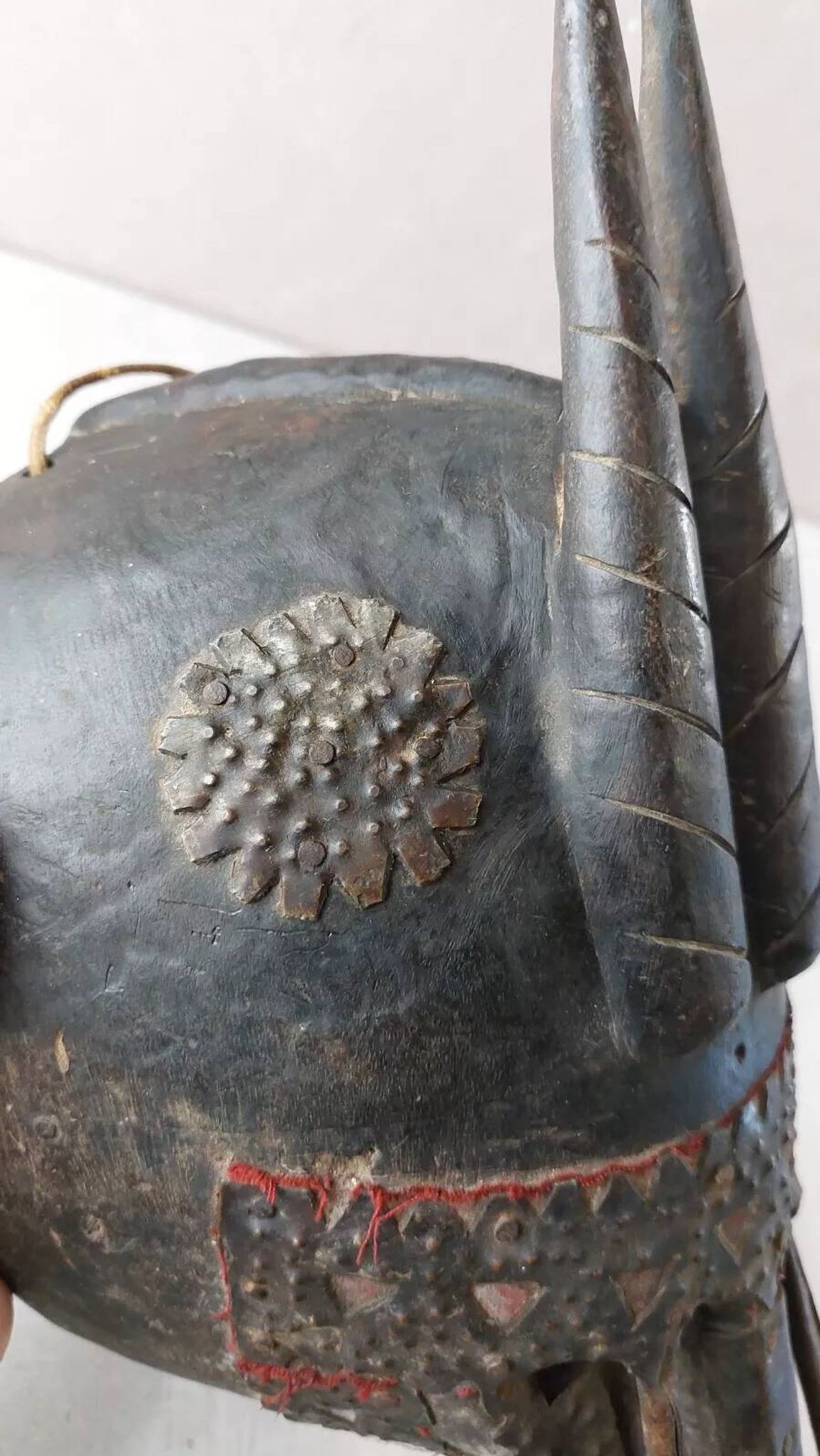 Antique African mask, carved wood and metal plates, Marka Mali