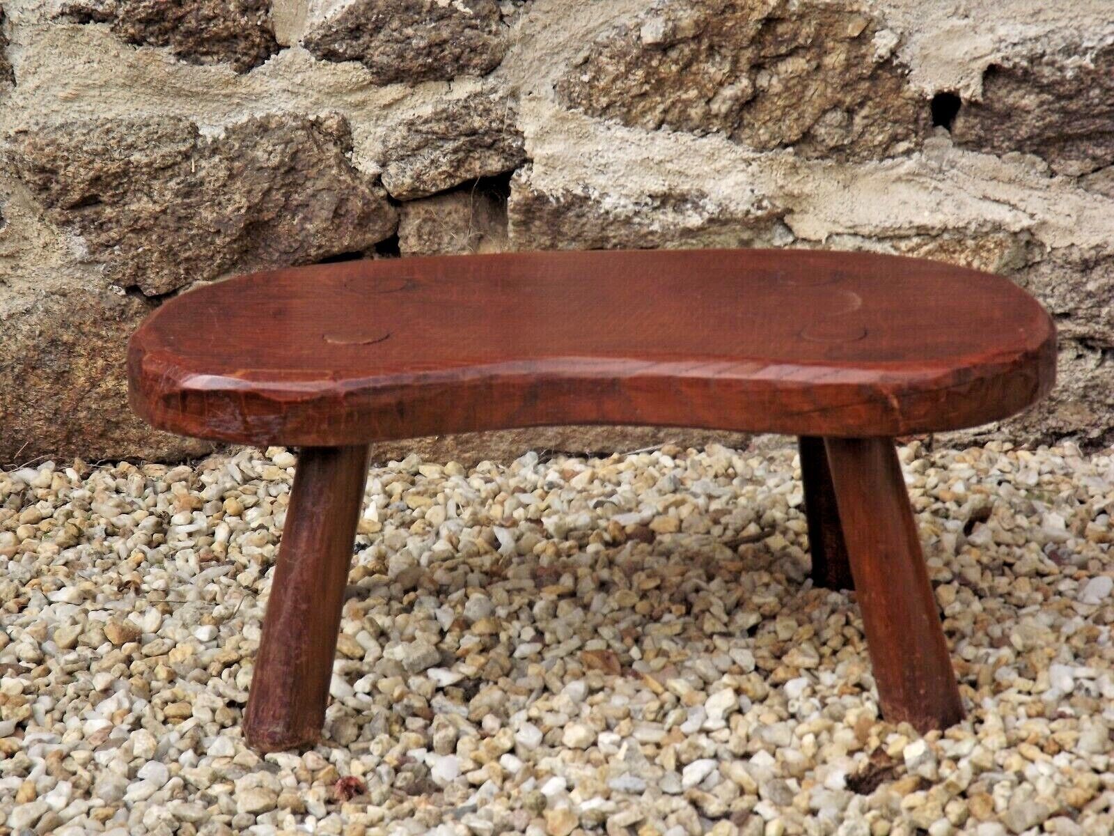 Vintage french hand turned solid oak 4 legged kidney shaped childs stool 3772