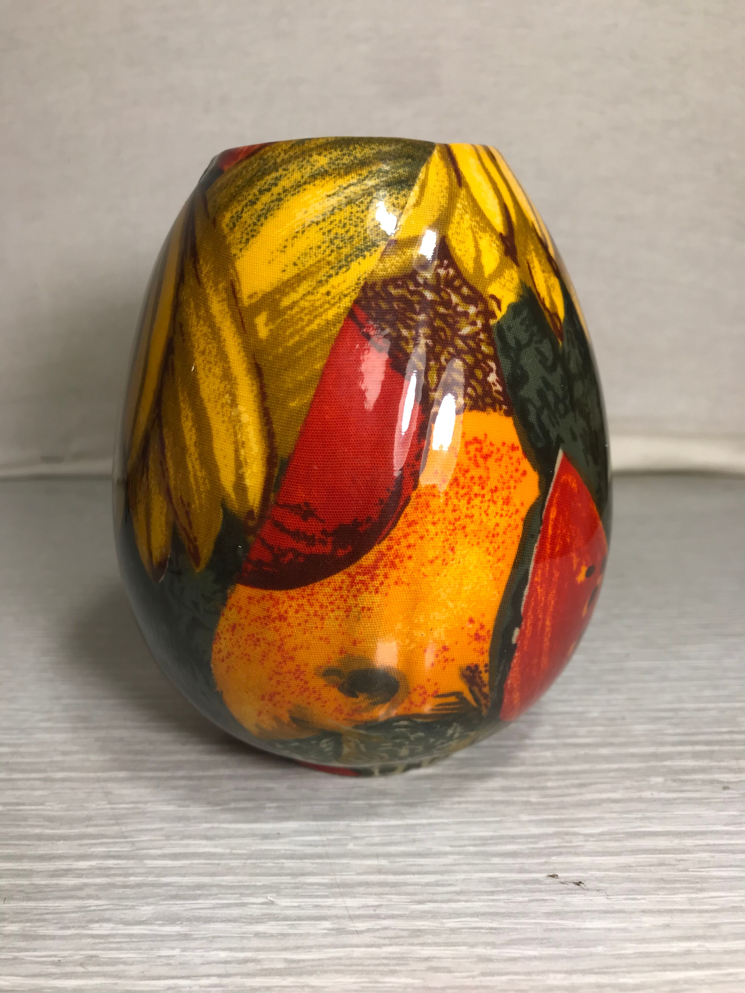 Old ceramic ball vase enamelled drawing fruits interior white vintage