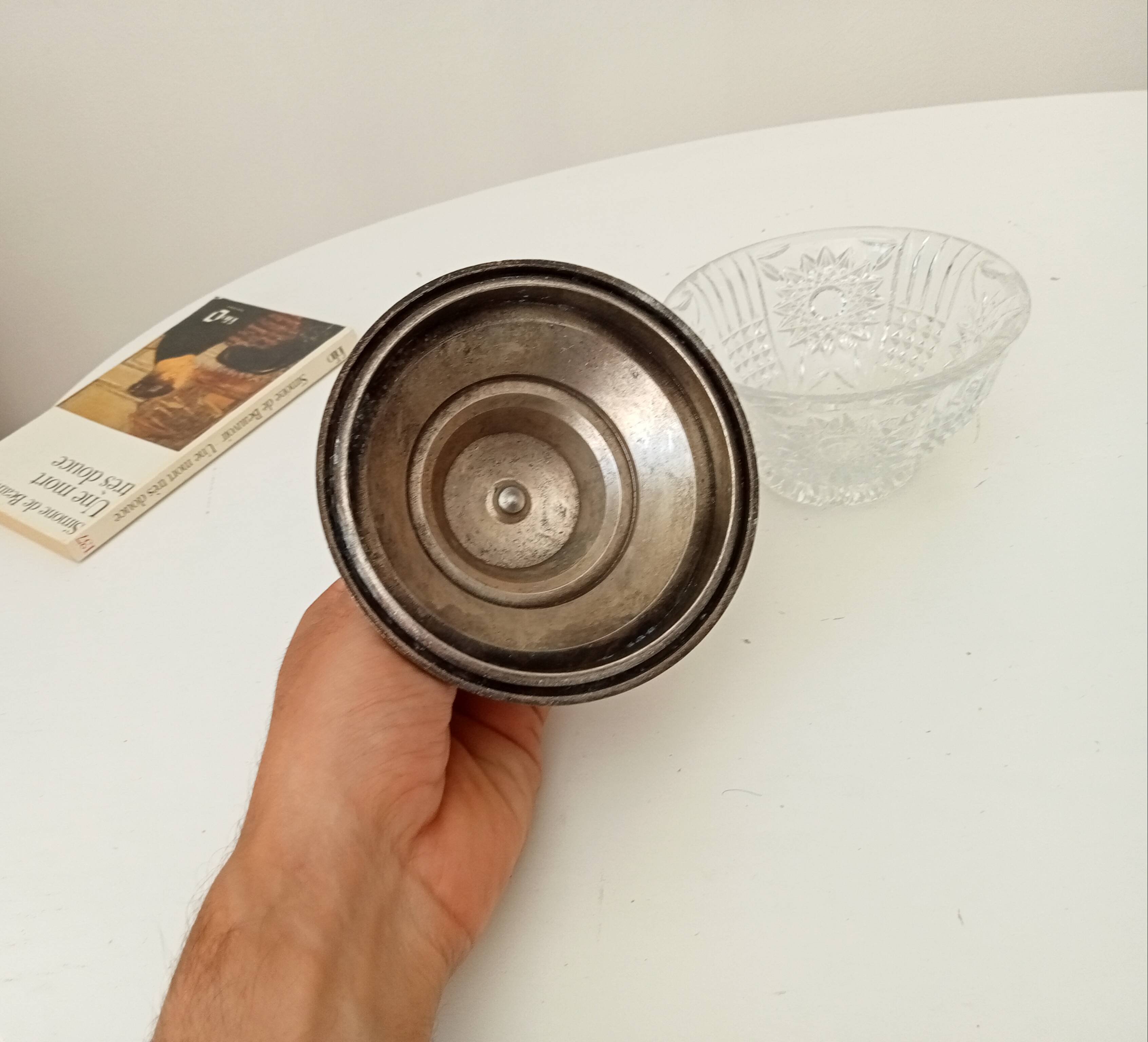 Vintage chiseled glass and tin candy box