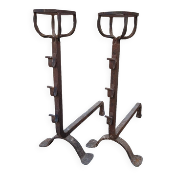 Paire de chenets landiers en fer forgé de cheminée ancien 19ème
