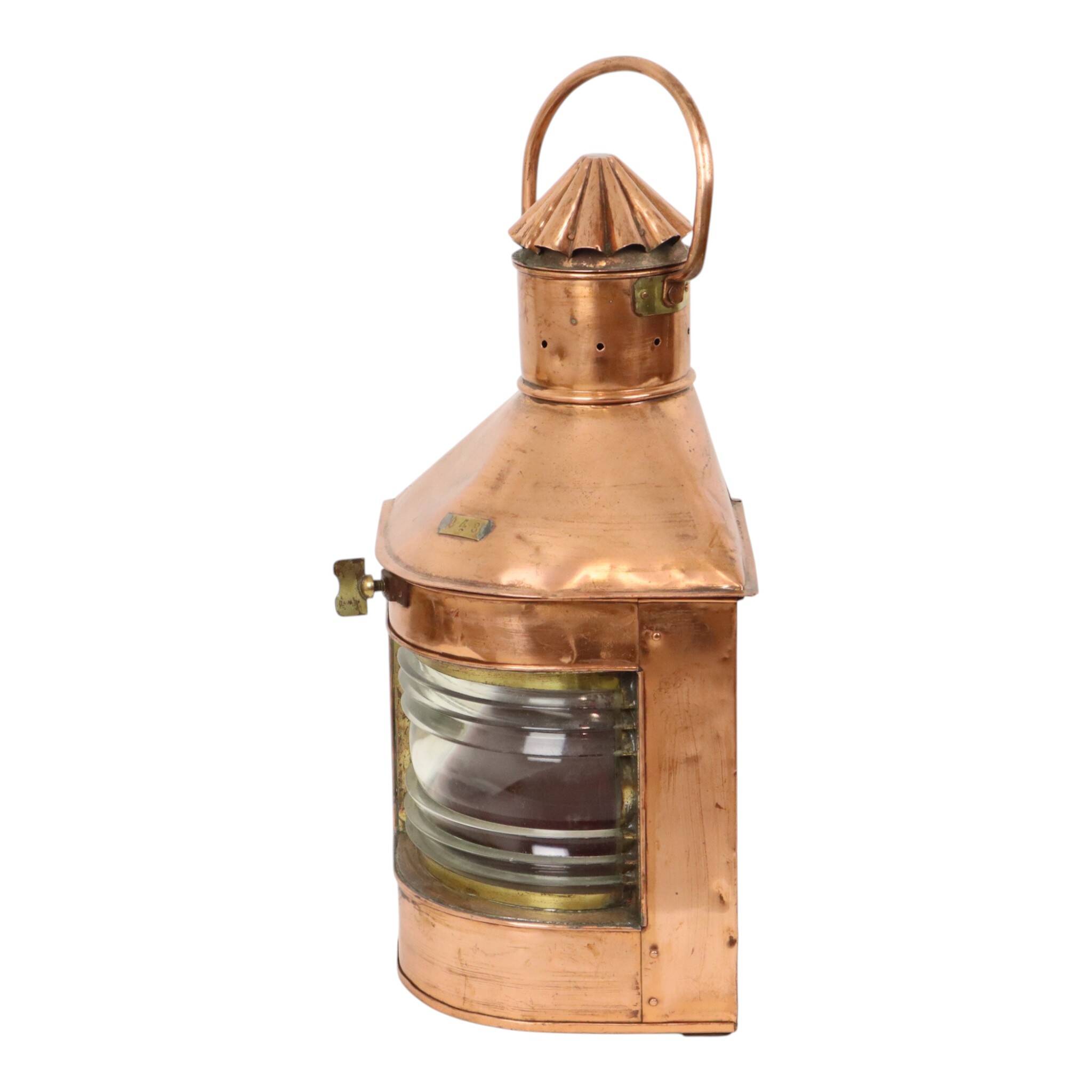 Large Vintage Ship's Lamp Red Copper Fresnel Lens 49cm