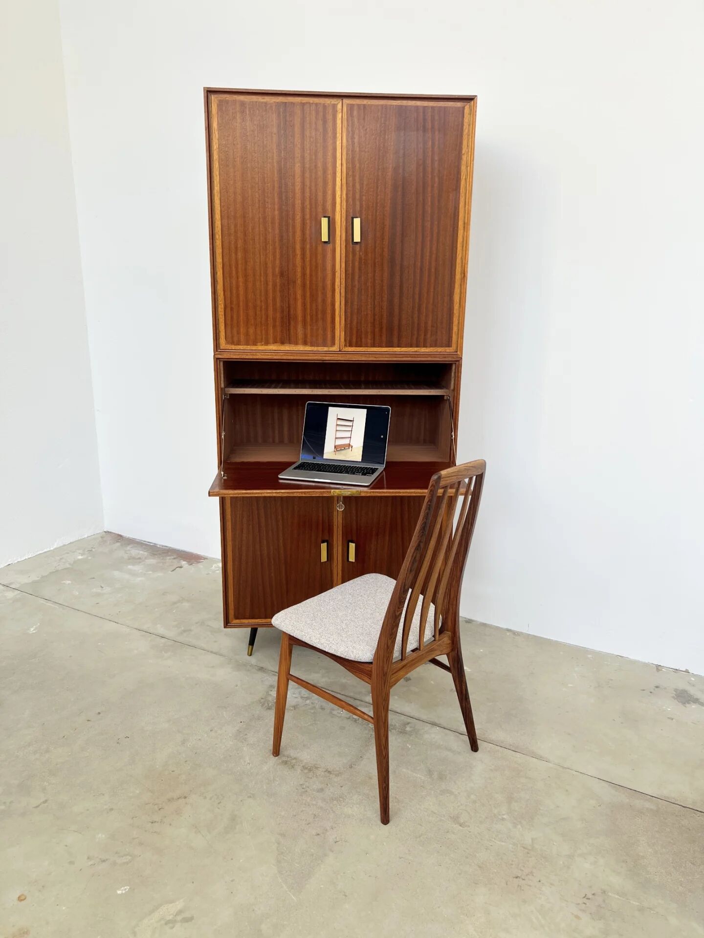 High mahogany cabinet with drop-down front — bar or secretary, custom-made, 1960s