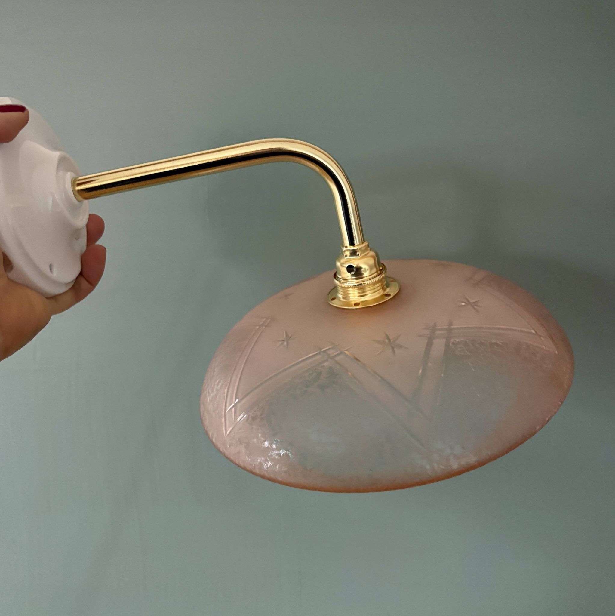 Vintage pink frosted glass wall lamp with elbow arm