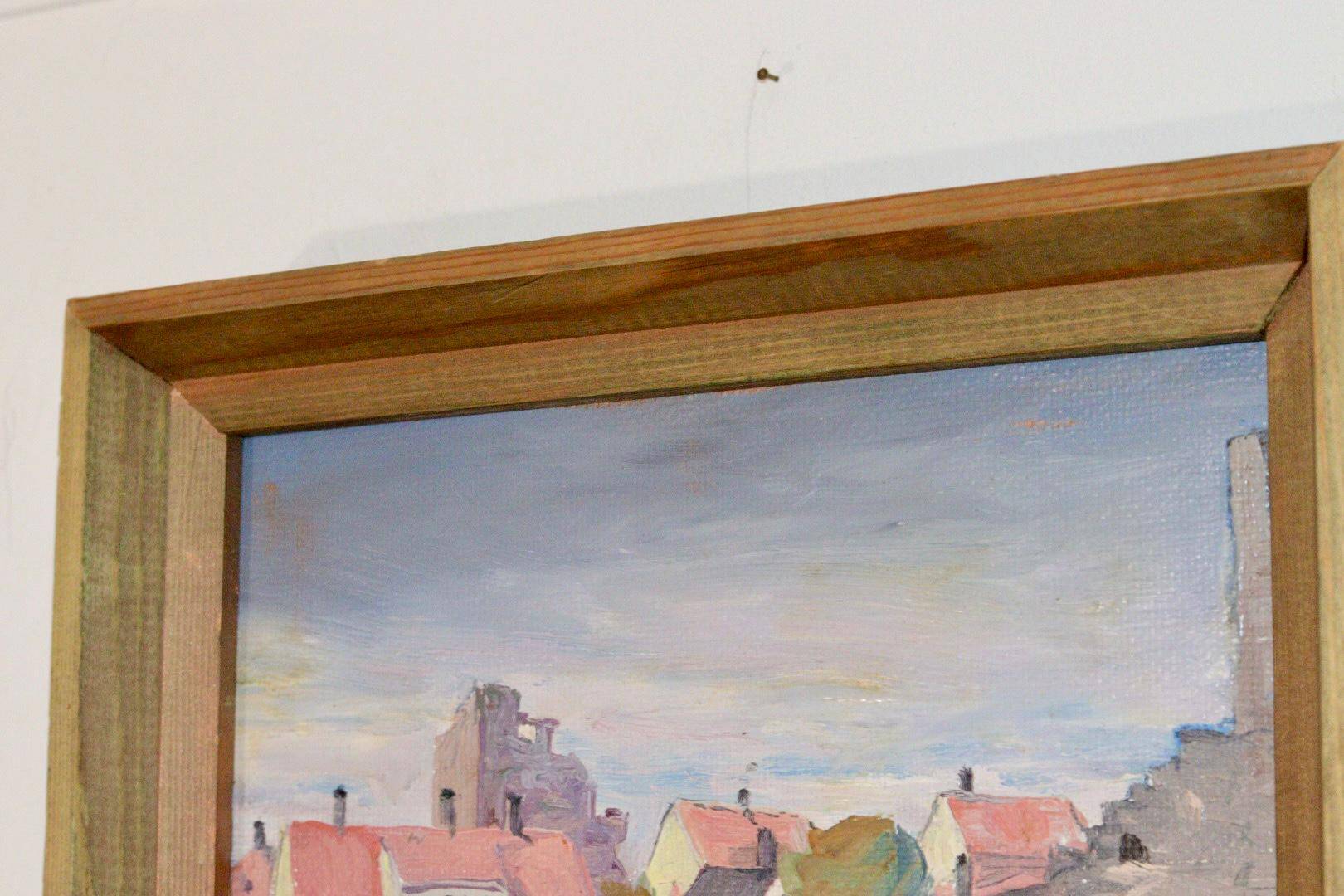 Huile sur panneau suédoise originale du milieu du siècle « Visby City » par ER.OLSSON