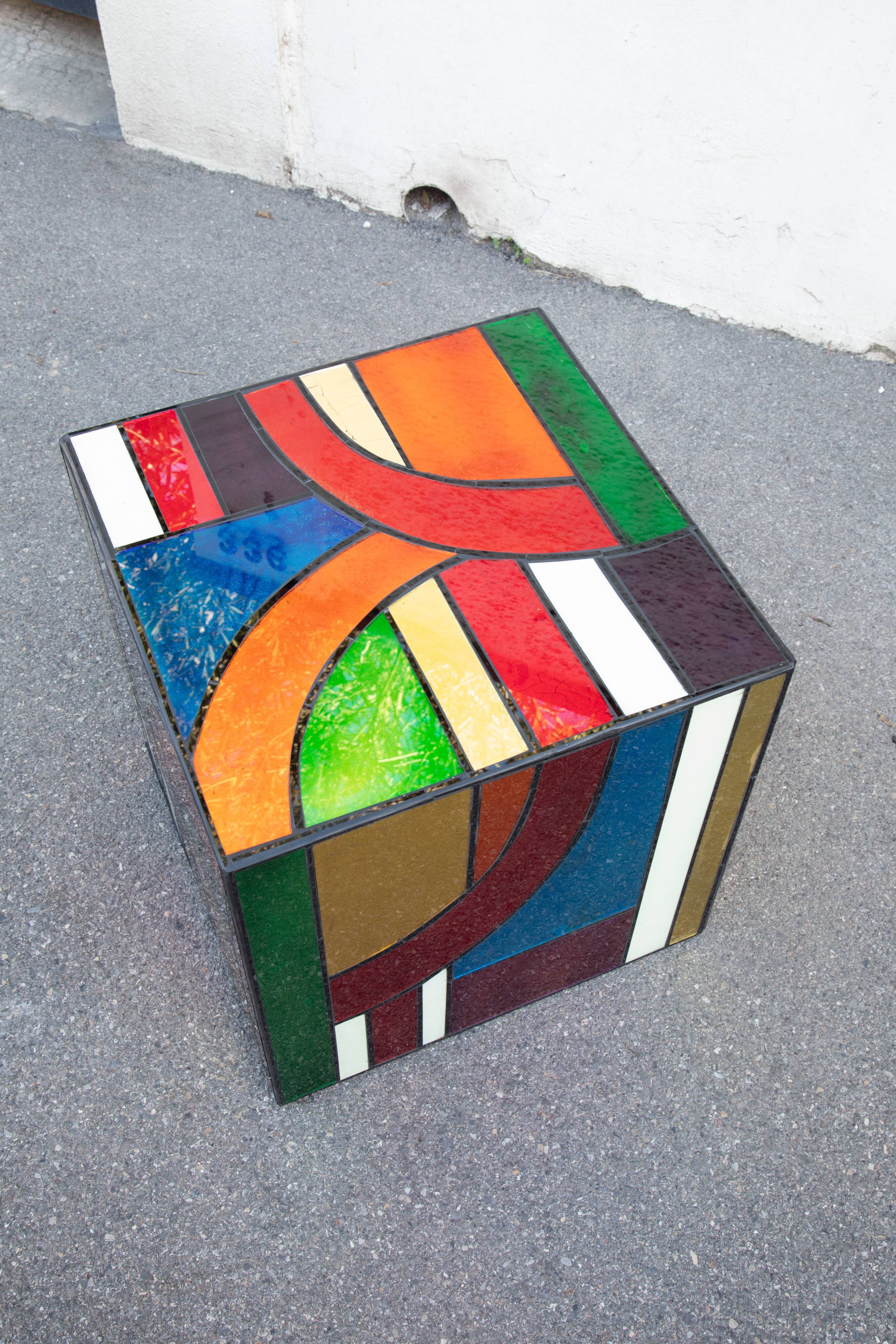 Multicolored stained glass Cube side table 50*50