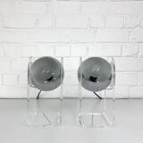 Pair of space age table lamps, chrome sphere and plexiglass, 70s