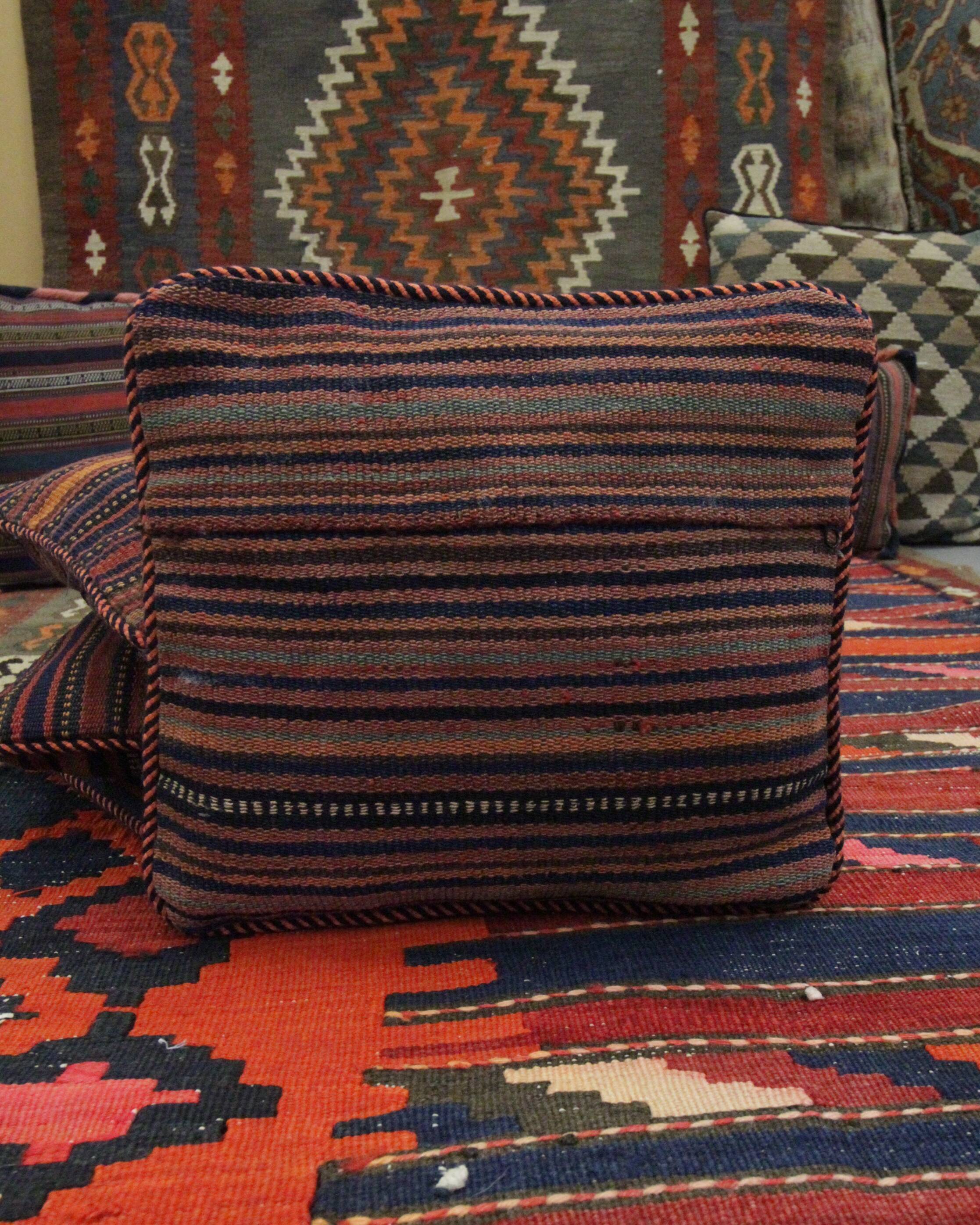 Striped Wool Kilim Scatter Cushion Handwoven Red Blue Pillow Case- 31x31cm