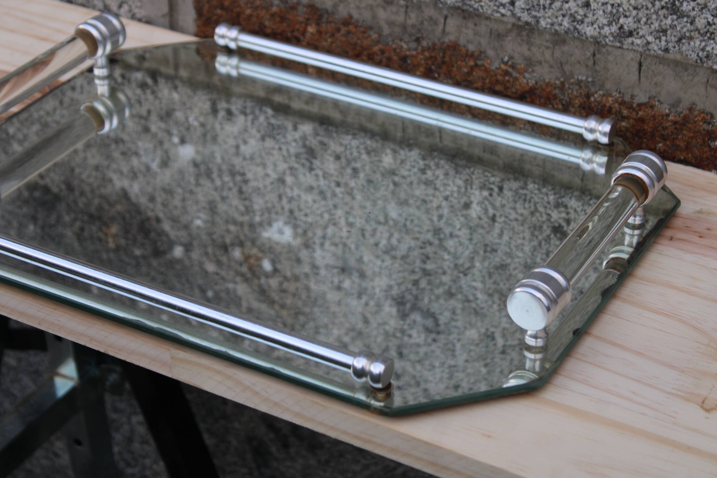 Vintage mirrored tray with glass and metal handles – H5 × W39 × D30 cm