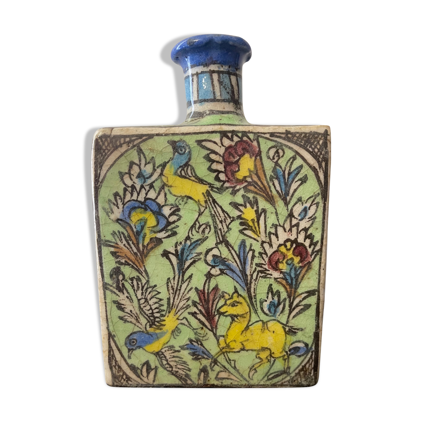 Glass ceramic bottle floral decoration and portraits Kadjar Persia xix e