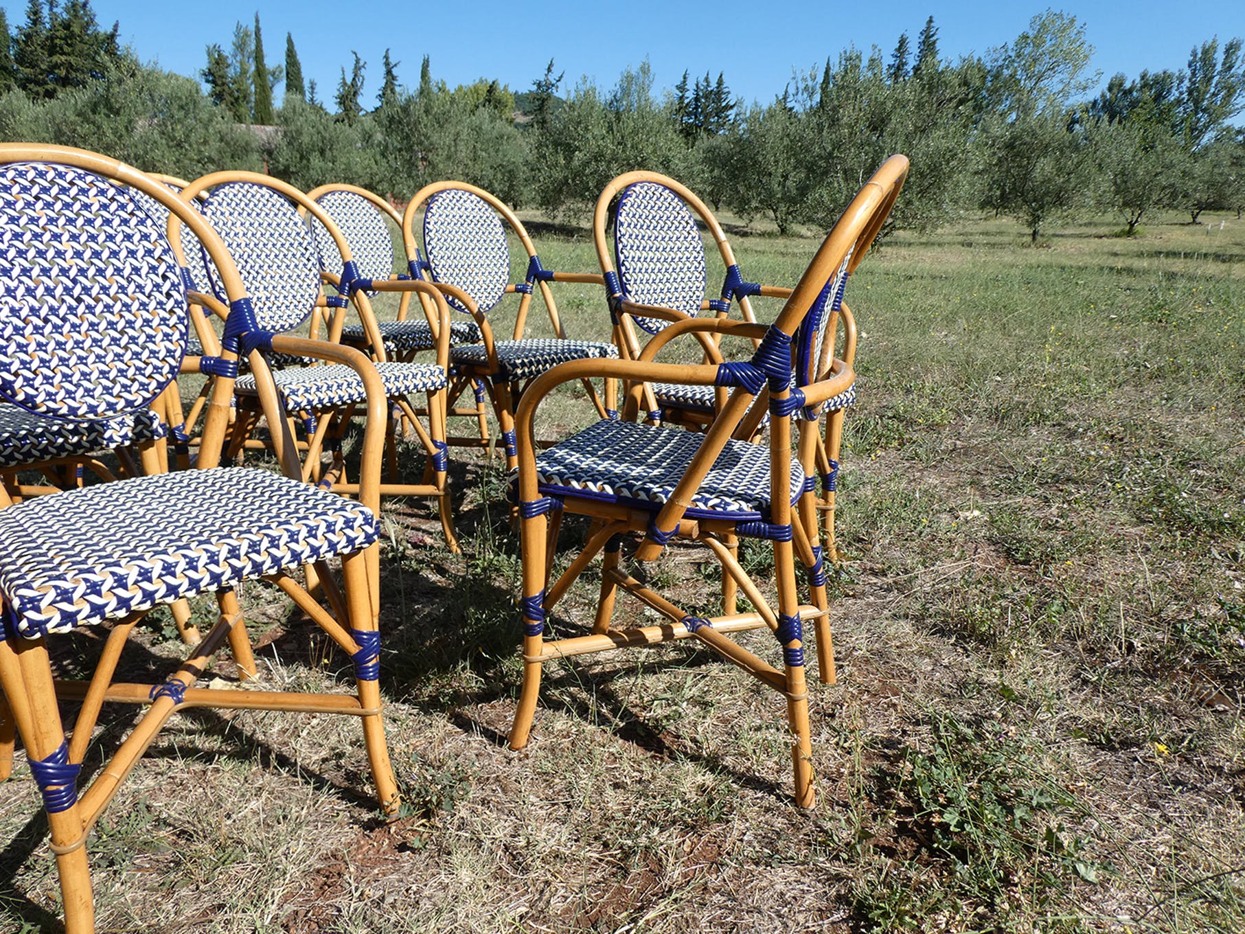 Lot de 5 fauteuils bistrot de terrasse type "parisienne" blanc et bleu