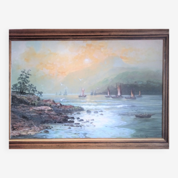 Paysage marin impressionniste, huile sur toile signée et encadrée