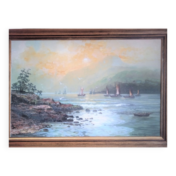 Paysage marin impressionniste, huile sur toile signée et encadrée
