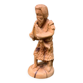 1979 Old man olive wood statuette with ram horn Vintage old made in France sculpture
