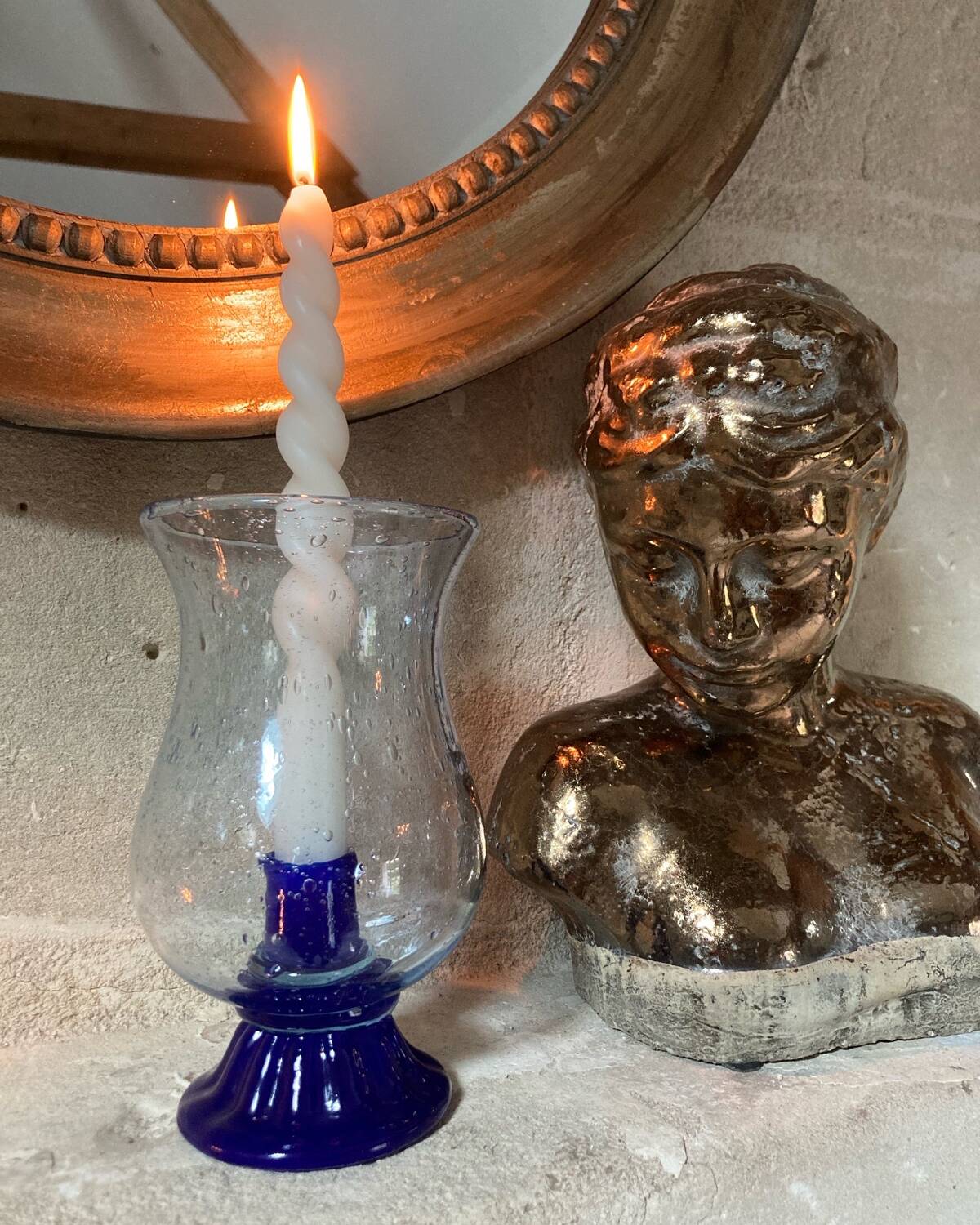 Biot blue bubble glass candle holder