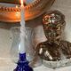 Biot blue bubble glass candle holder