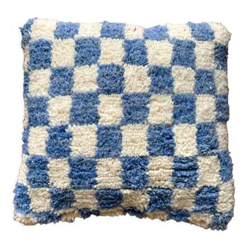 Coussin en laine à damier bleu ciel et blanc