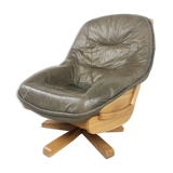 Brutalist oak and leather swivel chair, 1970s