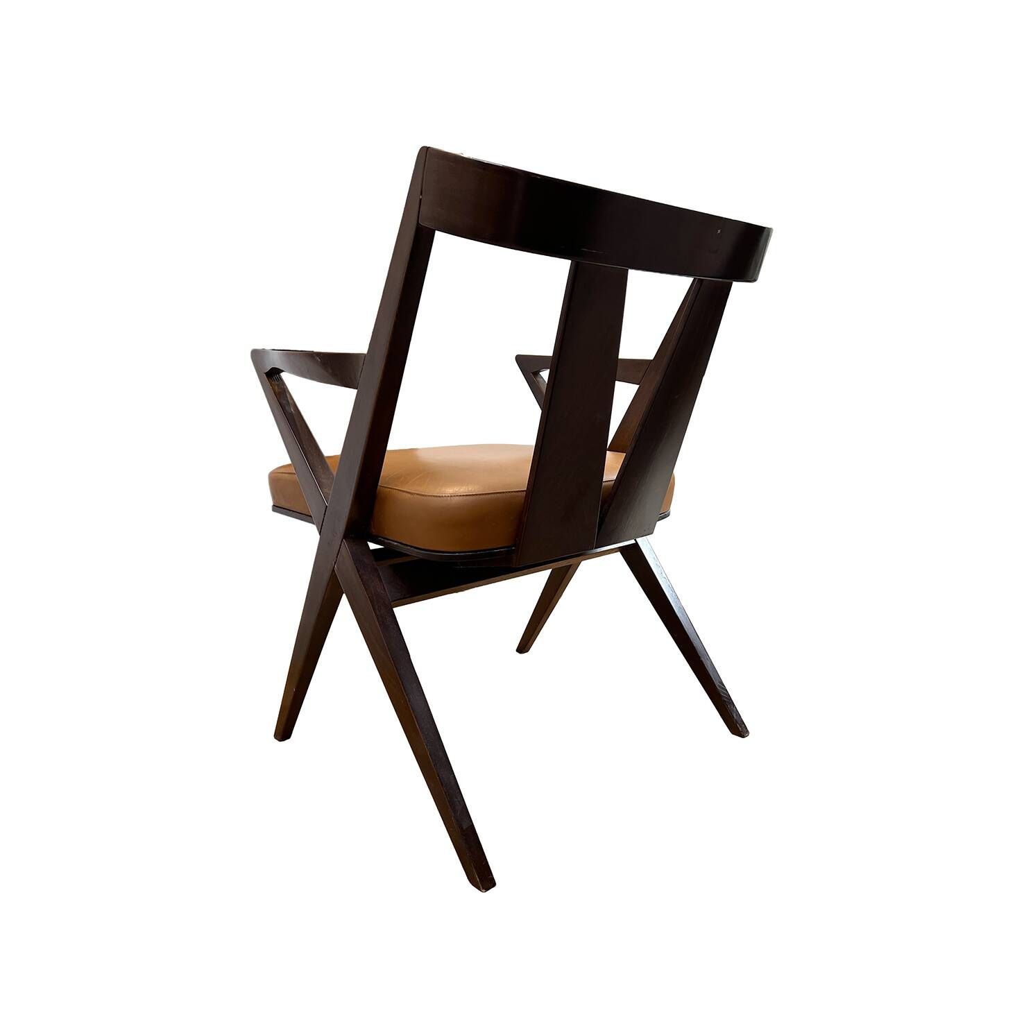 4 Dining chairs inspired by Pierre Jeanneret style, made of solid wood and leather.