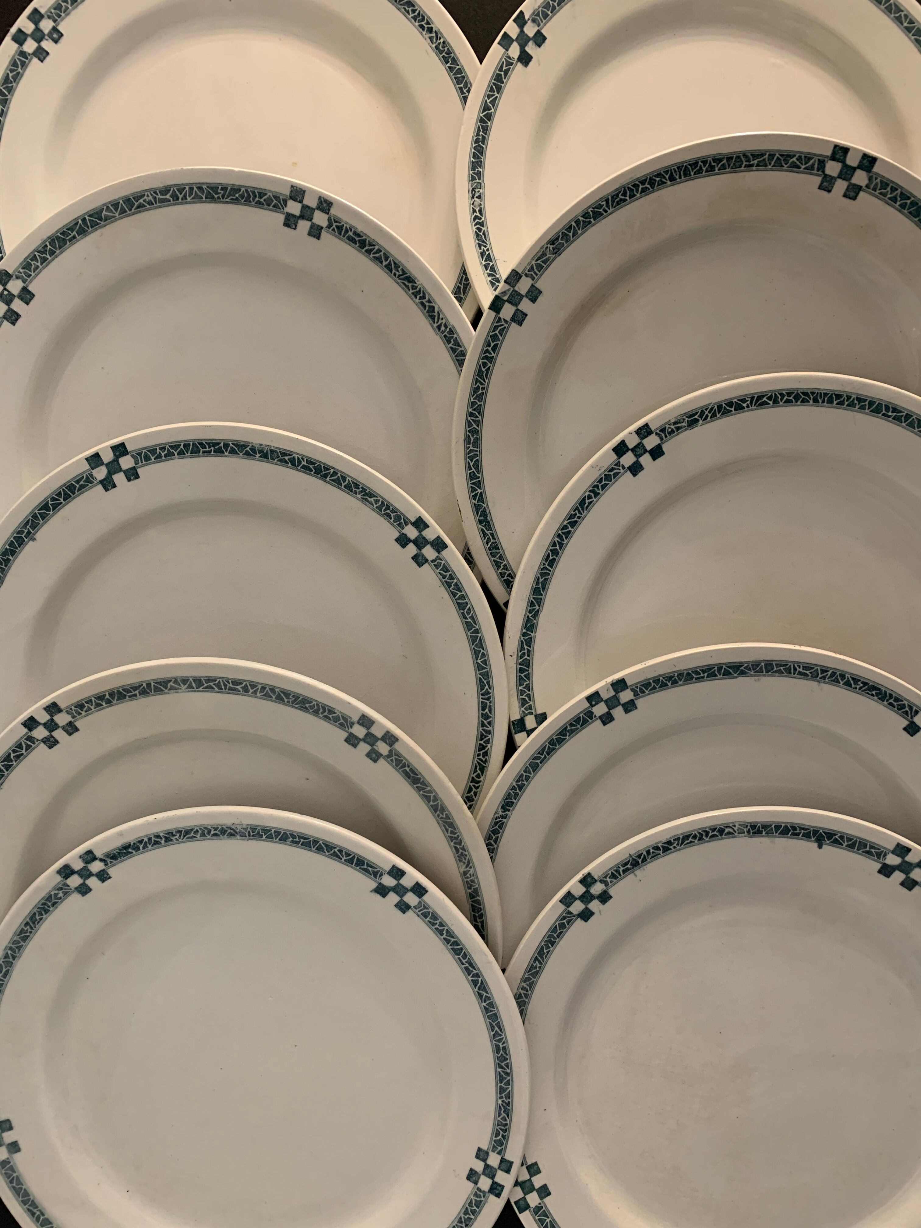 10 flat plates art deco Creil and Montereau model Nancy blue green gray