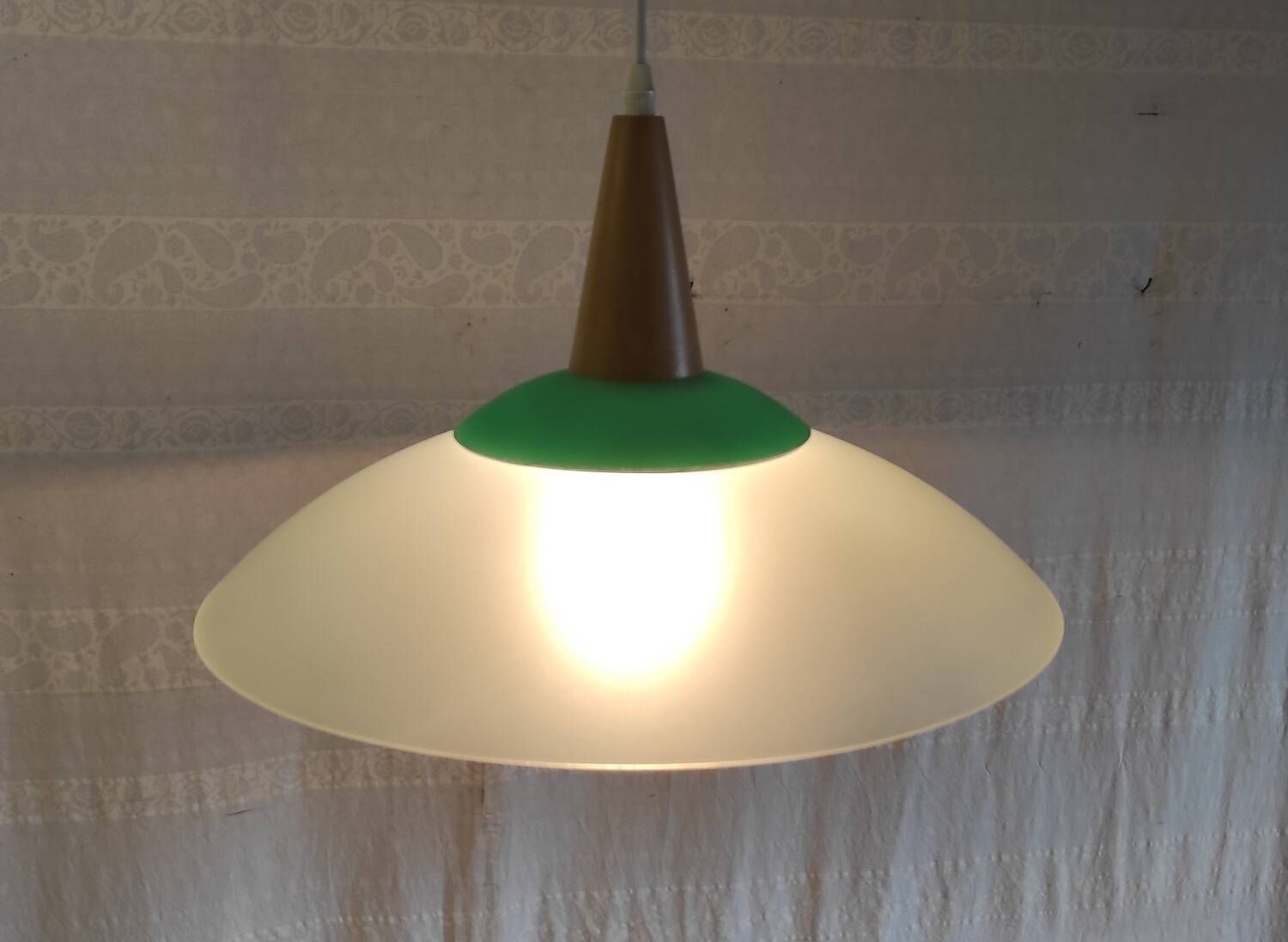Scandinavian style pendant light in glass and wood - late 20th century