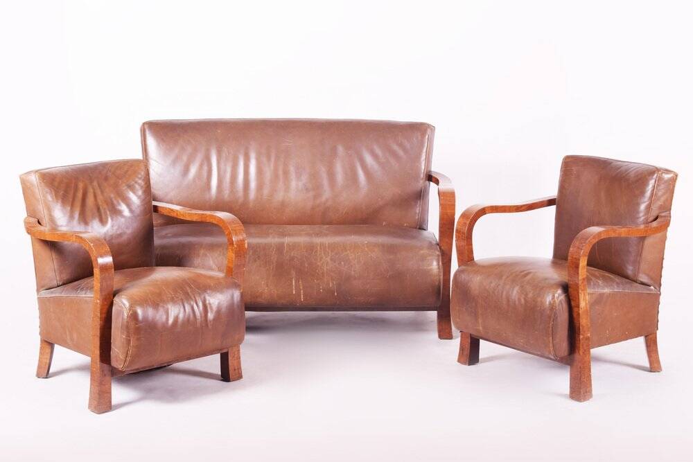 Vintage Art Deco Lounge Set in Walnut and Leather, 1930s, Set of 3