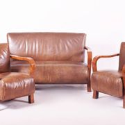 Canapé et 2 fauteuils Art Déco vintage en noyer et cuir, années 1930