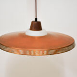 Copper milk glass & teak hanging lamp Bernt Karlby for Lyfa