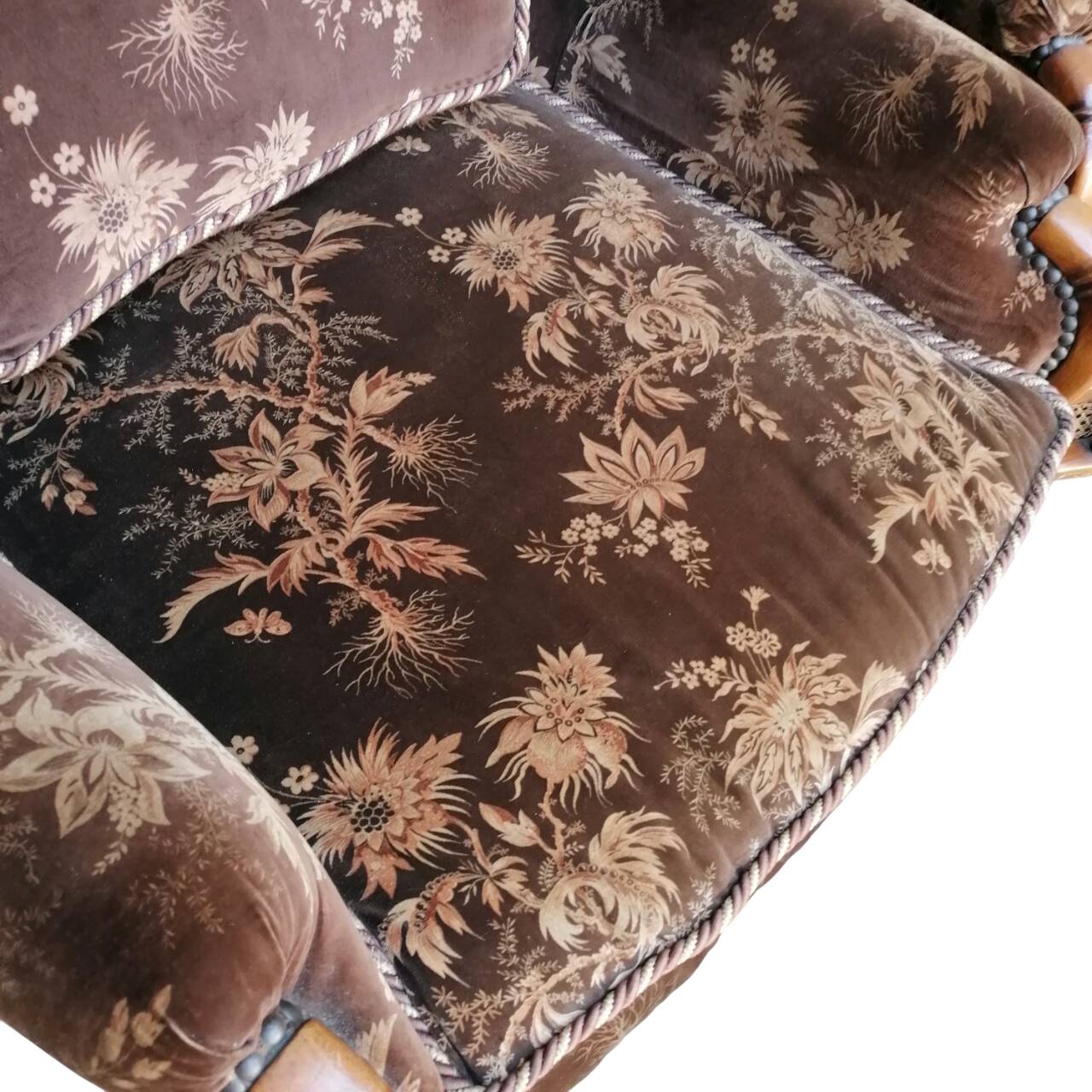 Poltrone bergère italiane in velluto e paglia di Vienna, anni '70, set di 2