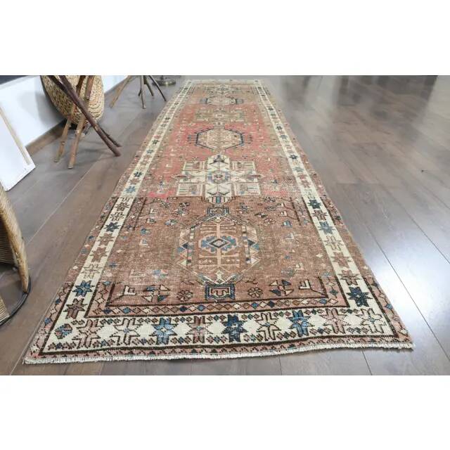 1970s Vintage Persian Handmade Wool Cotton Red Runner Rug 88x329