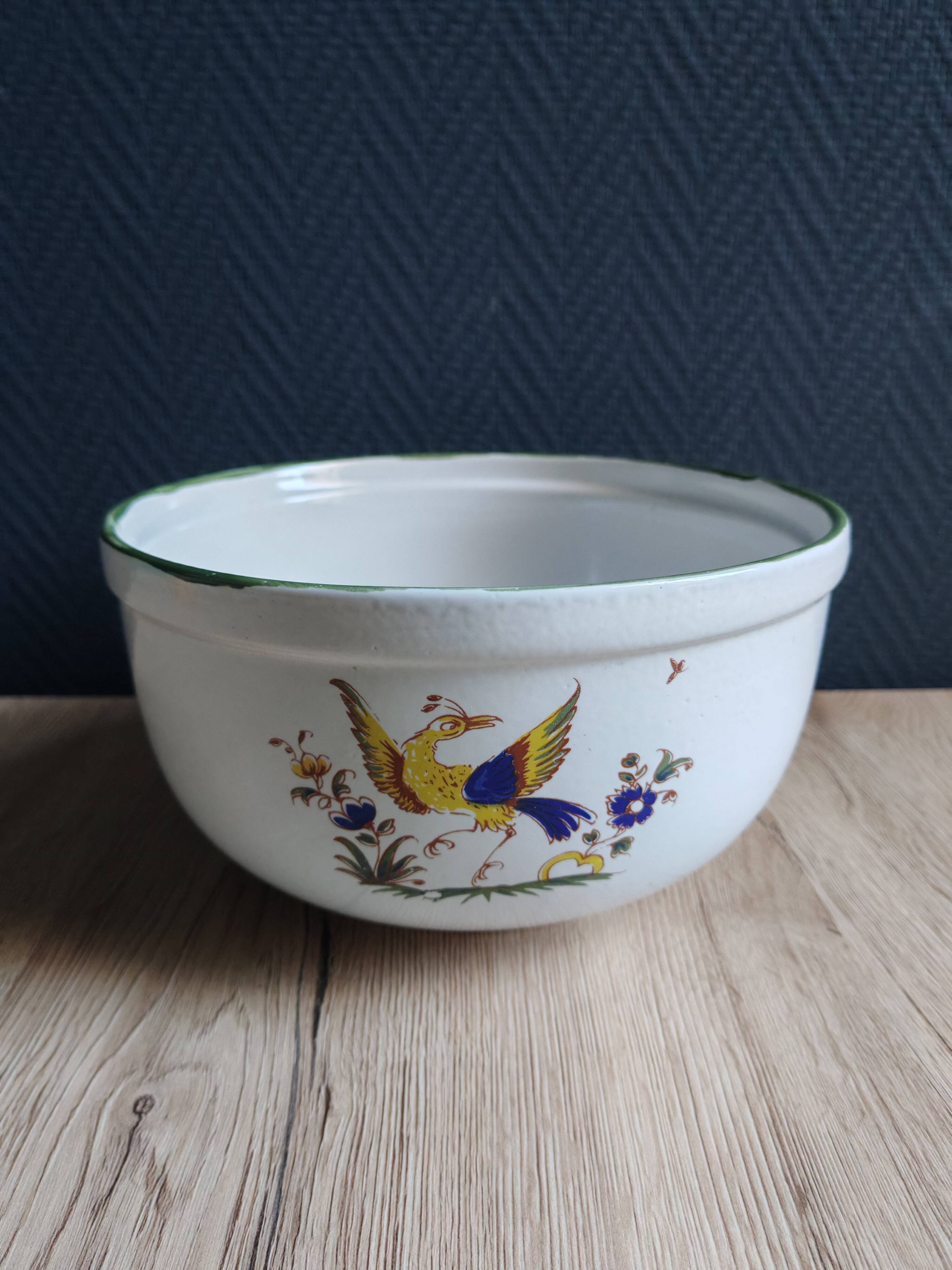 Saladier vintage faïence blanche oiseau exotique style Moustiers