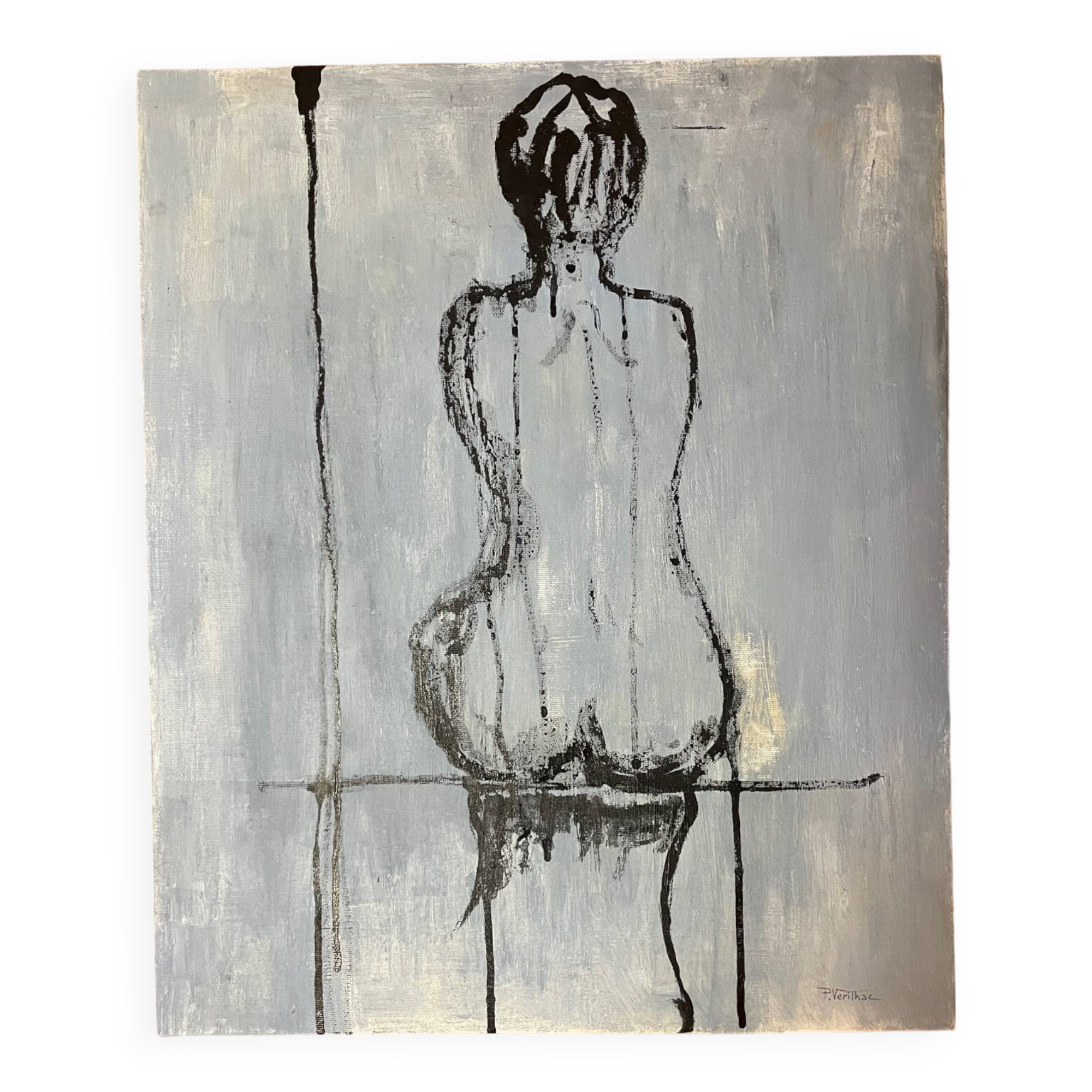 Signed oil on canvas painting of a female portrait "back study in Indian ink"
