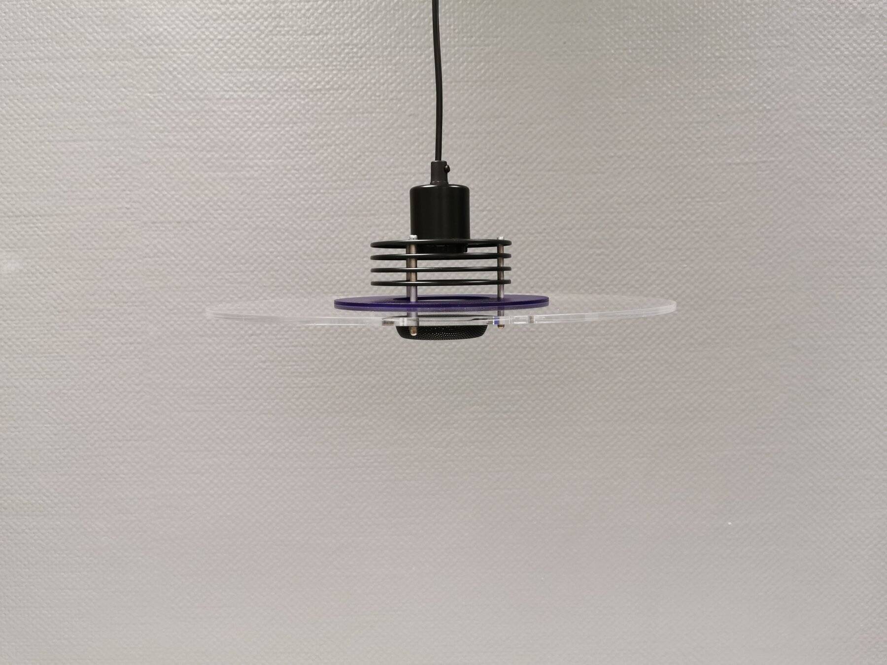 Danish space-age hanging lamp in transparent and blue plexi with black metal 1980s