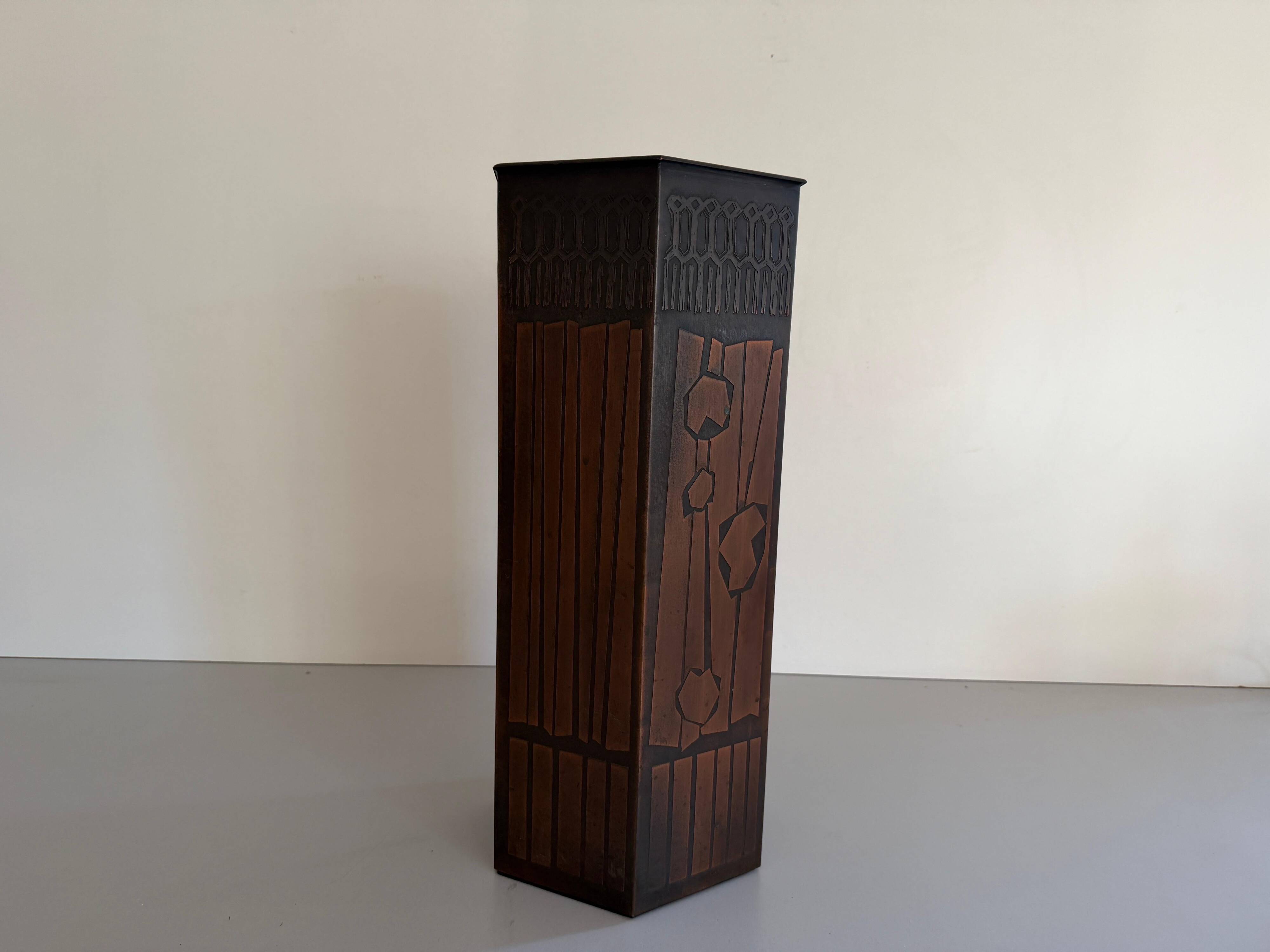 Hexagonal copper umbrella stand signed by the artist, 1960s, Italy.