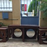 Coffee table in teak with its 4 stools