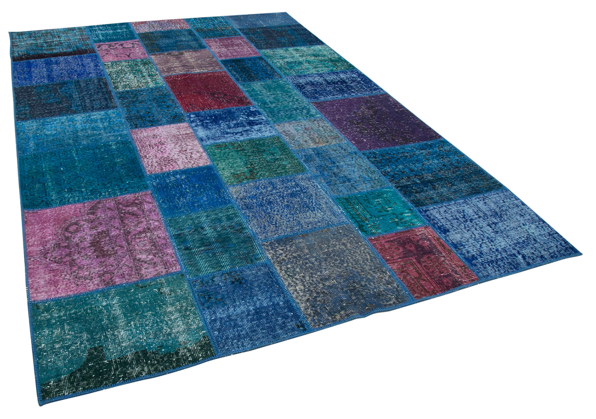 Handmade Anatolian Vintage 202 cm x 300 cm Blue Patchwork Carpet
