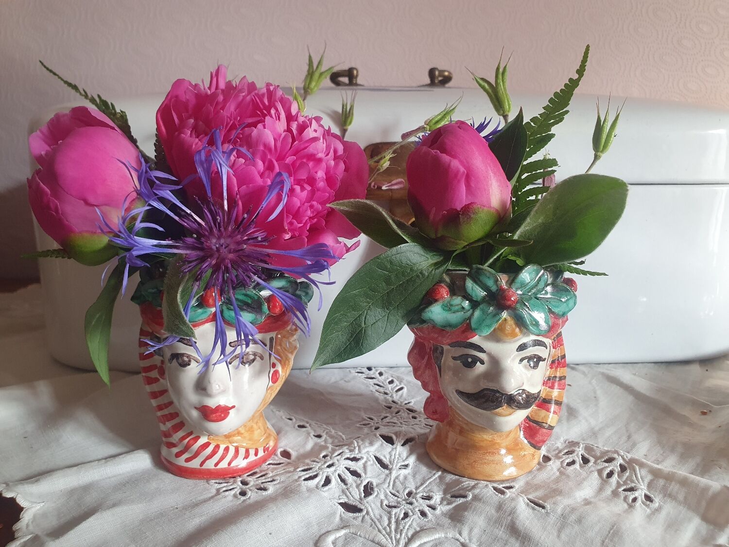 Set of 2 Sicilian vases ceramic heads of caltagirone